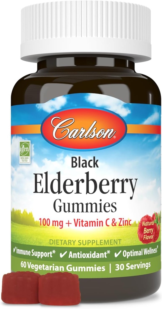 Carlson - Black Elderberry Gummies, ar vitamīnu C & Cinka, Imūnsupport, 60 Gummies