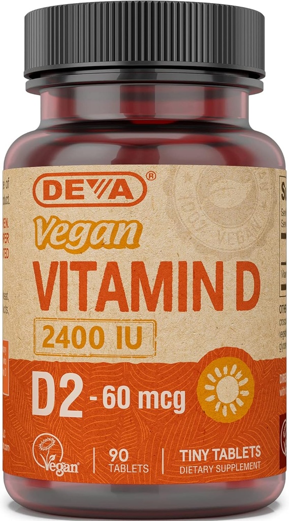 Deva Vegan D2 vitamīns 60 μg 2400 SV, Ergokalciferola Papildinājums bez dzīvnieku izcelsmes sastāvdaļām, 90 tabletes, 1- iepakojums