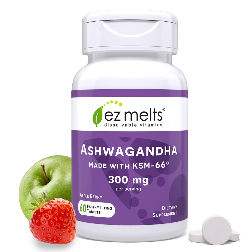 EZ Melts Atdalāms KSM-66 Ashwagandha, 300 mg, bez cukura, stresa, miega un garastāvokļa atbalsta papildinājums, 30 dienu piegādes, Apple Berry-Flavor - 1 iepakojums