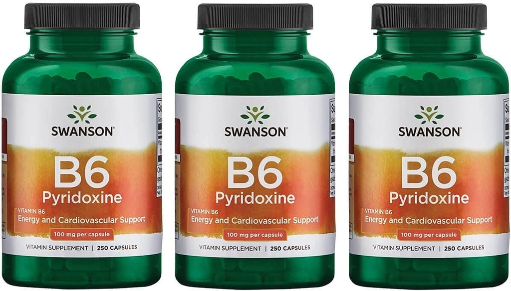 Swanson B6 Piridoxine - Vitamīnu papildterapija Sirds un asinsvadu veselības un enerģijas vielmaiņas veicināšanai - Dabiskā formula, kas veicina vispārējo labsajūtu - (250 kapsulas, 100mg katrs) 3 iepakojums