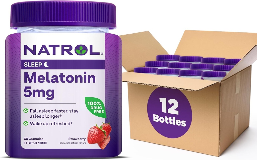 Natrol 5mg Melatonīna Gumijas, Miega atbalsts pieaugušajiem, Melatonīna piedevas miegam, 60 zemeņu gumijas, 30 dienu piegādes (12. iepakojumā)