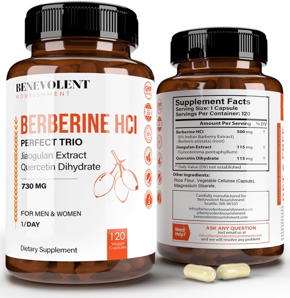 Premium Berberine HCL 730mg - 120 VCAPS Perfekts trio komplekss ar ne-GMO Jiaogulan & Quercetin