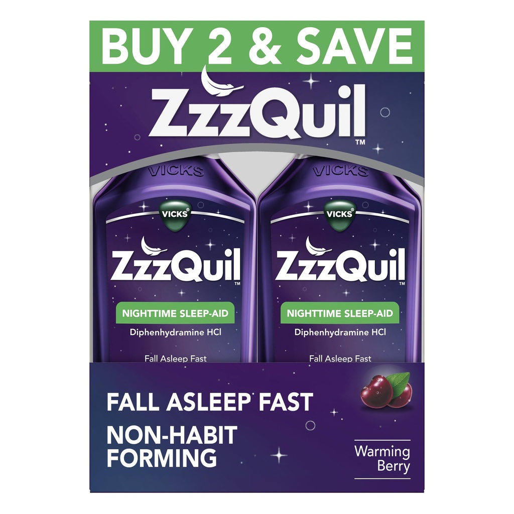 ZzzQuil, Miega līdzeklis, Nakts miega palīglīdzeklis, šķidrums, 50 mg difenhidramīna HCl, ātras aukslēju lēkmes, nehabitu veidošanās, karsēšana, 12 FL OZ (2. iepakojums)