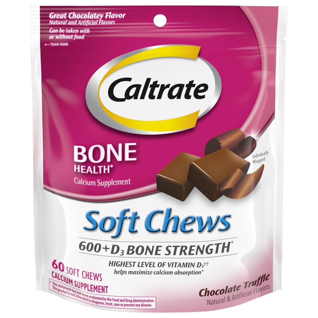 Caltrate soft Chews 600 Plus D3 Kalcija D vitamīna papildinājums, šokolādes trifele - 60 grāvis(Iepakojums May Vary)