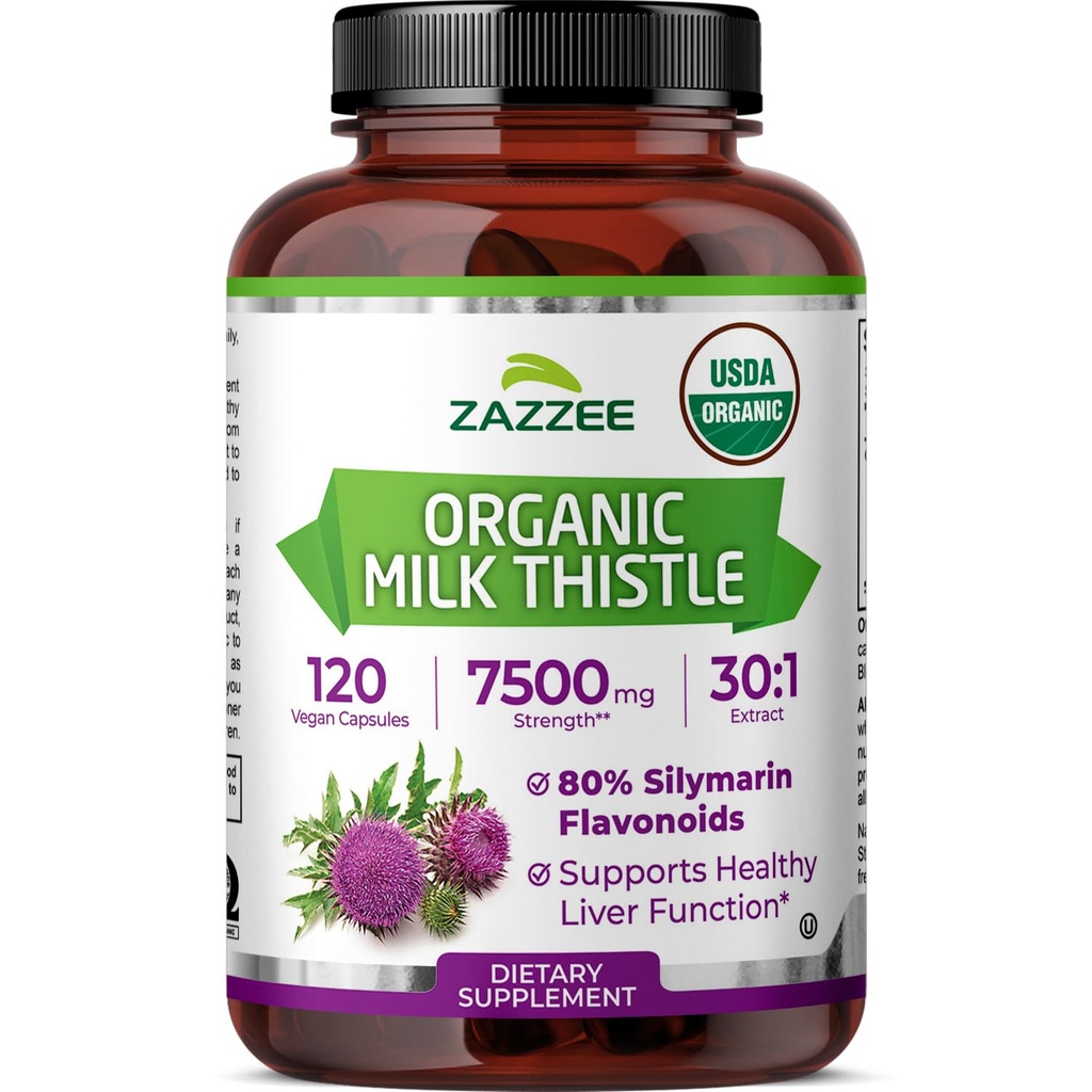 Zazzee USDA Organiskais piens Thistle 30:1 Ekstrakts, 80% Silymarin, 120 Vegan Capsules, 4 Month Supply, Sertificēts Kosher, Augstas potences aknu un antioksidantu atbalsts, Silybum Marianum, Non-GMO, Ražots ASV