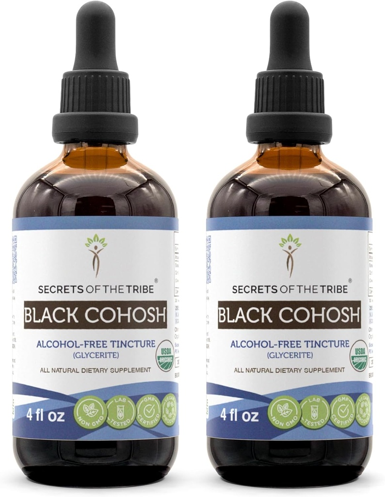 Secrets of the Tribe Black Cohosh USDA Organisks ekstrakts bez alkohola, augstas skābes augu pilieni , Izgatavots no 100% Certified Organic Black Cohosh (Cimicifuga Racemosa) Kaltēts Sakne 2x4 oz