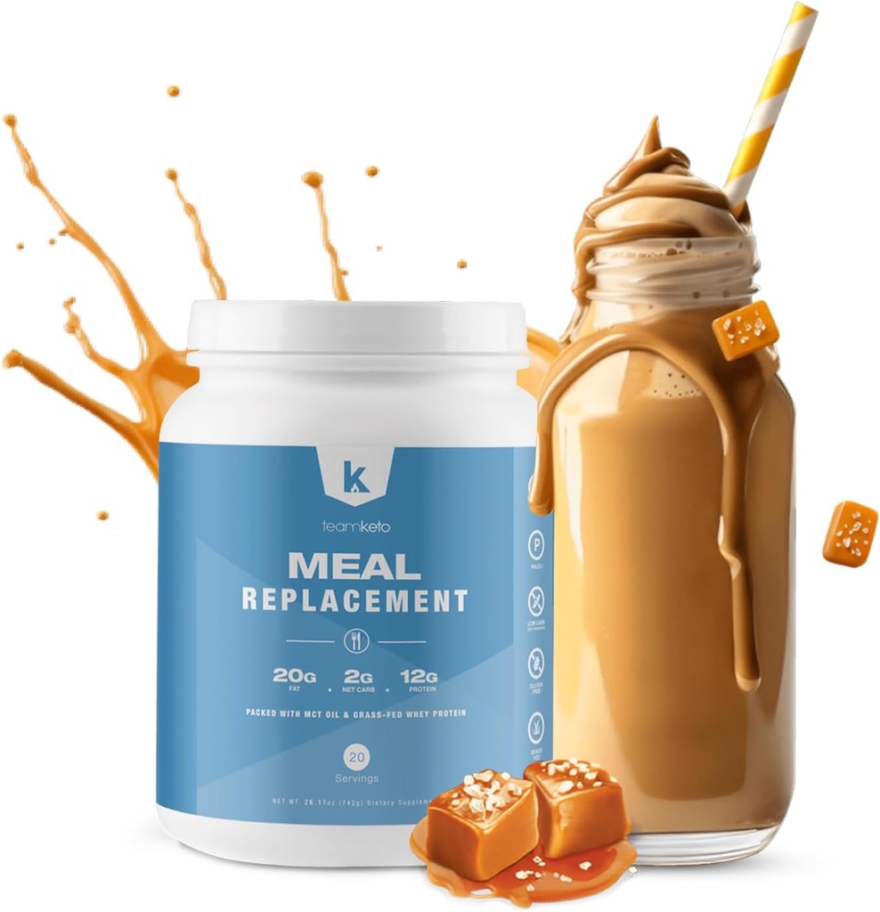 TeamKeto Ēdienreizes aizstājējs Pulveris Bez glutēna Satur MCT pulveri, kokosriekstu eļļu, ar zāli barotu sūkalu olbaltumvielu pulveri & 100% dabīgās garšas Boost Ketoze- Zems Karbs & Enerģija Boost- 742g- Sāls Karamelis