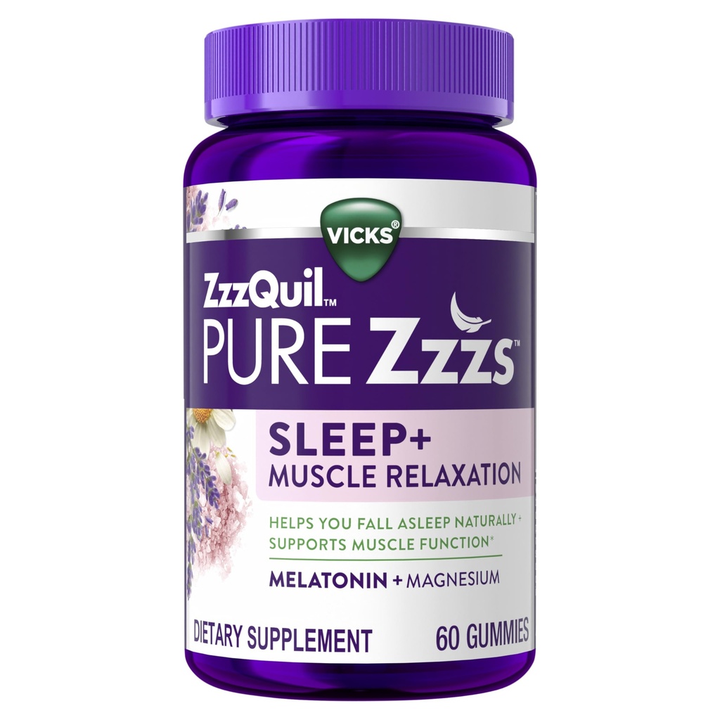ZzzQuil Pure Zzzs Muskuļu relaksācija Melatonīna Miega palīglīdzeklis Gumijas, Atbalsta Muskuļu funkcijas, Palīdz Jums Krittt Asleep Dabiski, Ātri, Melatonīns + Magnijs, Nē Nākamās dienas Grogginess, Bez zālēm, 60ct