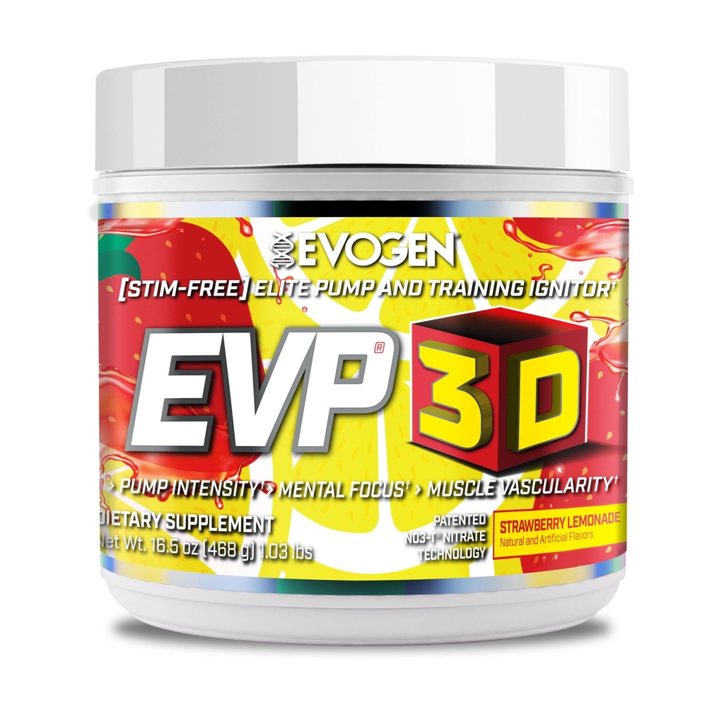Evogen EVP 3D - Par brīvu pirms treniņa Pulveris vīriešiem un sievietēm --- bez cukura Iepriekšēja gatavošanās ar Beta Alanīnu un kreatīnu enerģijai un sūknim -- zemeņu citronāde - 40 Kalpo