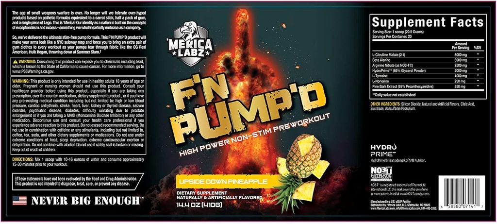 'Merica Labz F'N Pump'D Bez stimulanta, Slāpekļoksīda,Fully Doseed, Sūkņa PreWorkout pulveris (20 Kalpo) (Upside Down Ananass)