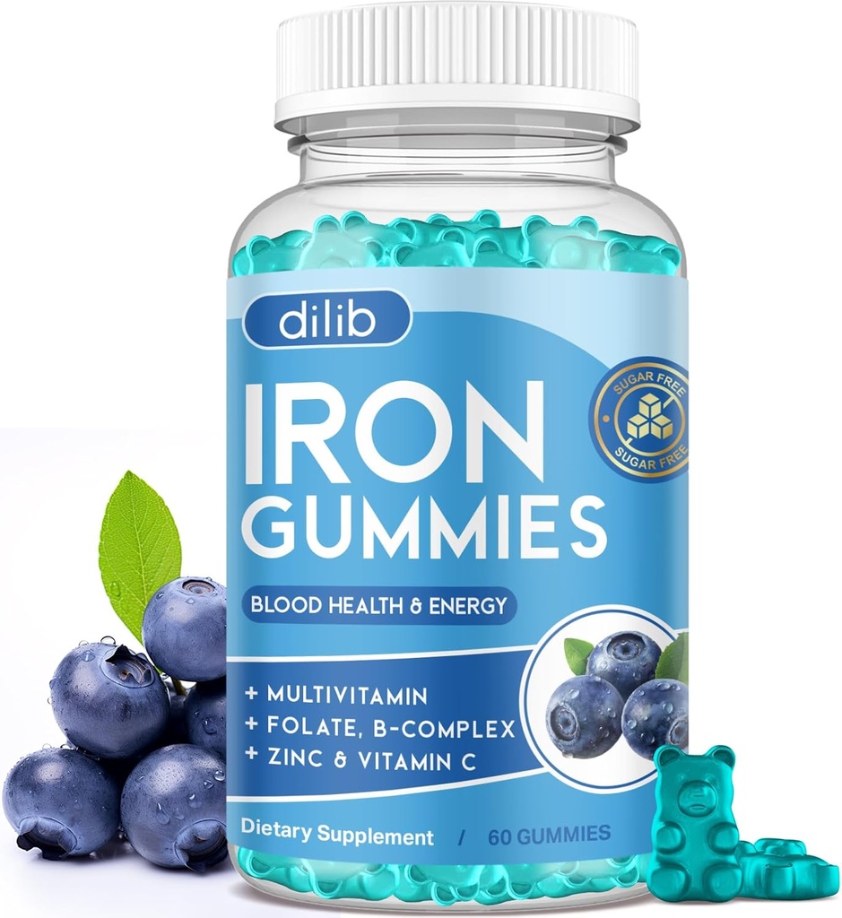 Dzelzs Gumijas ar multivitamīniem, dzelzs papildinājums sievietēm un vīriešiem ar cinku, B vitamīna komplekss & C, B12, folāts - Asins cēlājs un enerģijas atbalsts pieaugušajiem un bērniem - Blueberry Flavor, Vegan 60 Gummes