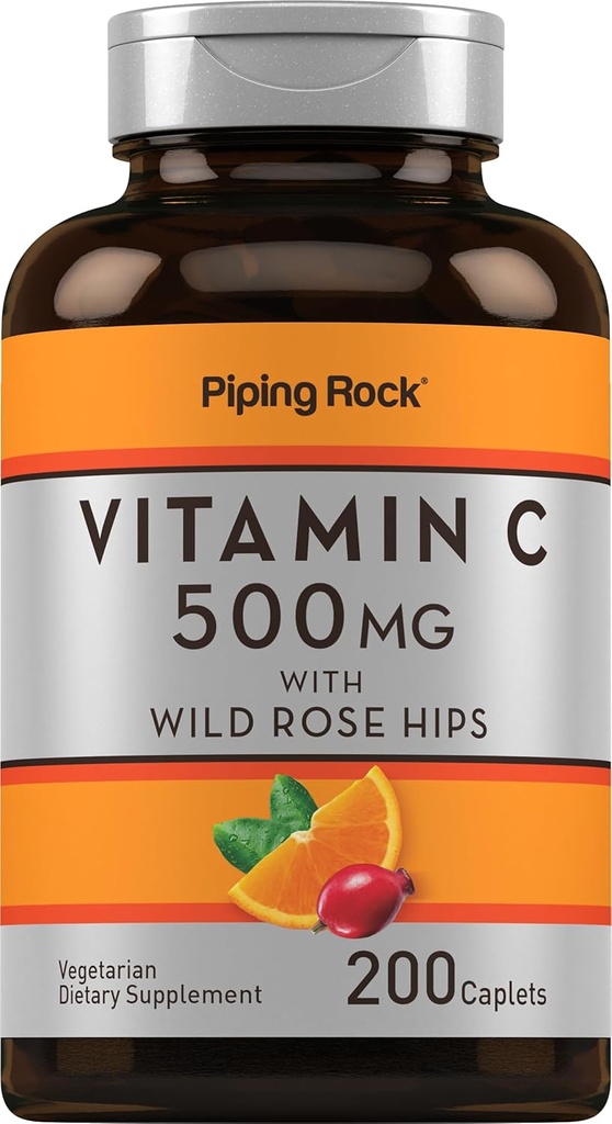 Cauruļveida klints C vitamīns; 500 mg; 200 Caplets; ar Rose HIPS; Veģetārs, bez GMO; bez lipekļa