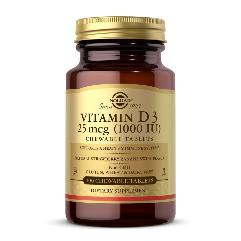 Solgar D3 vitamīns (holekalciferols) 25 μg (1000 SV), dabīgā zemeņu Banana Swirl - 100 košļājamās tabletes - ne- GMO, Kosher - 100 Servējumi