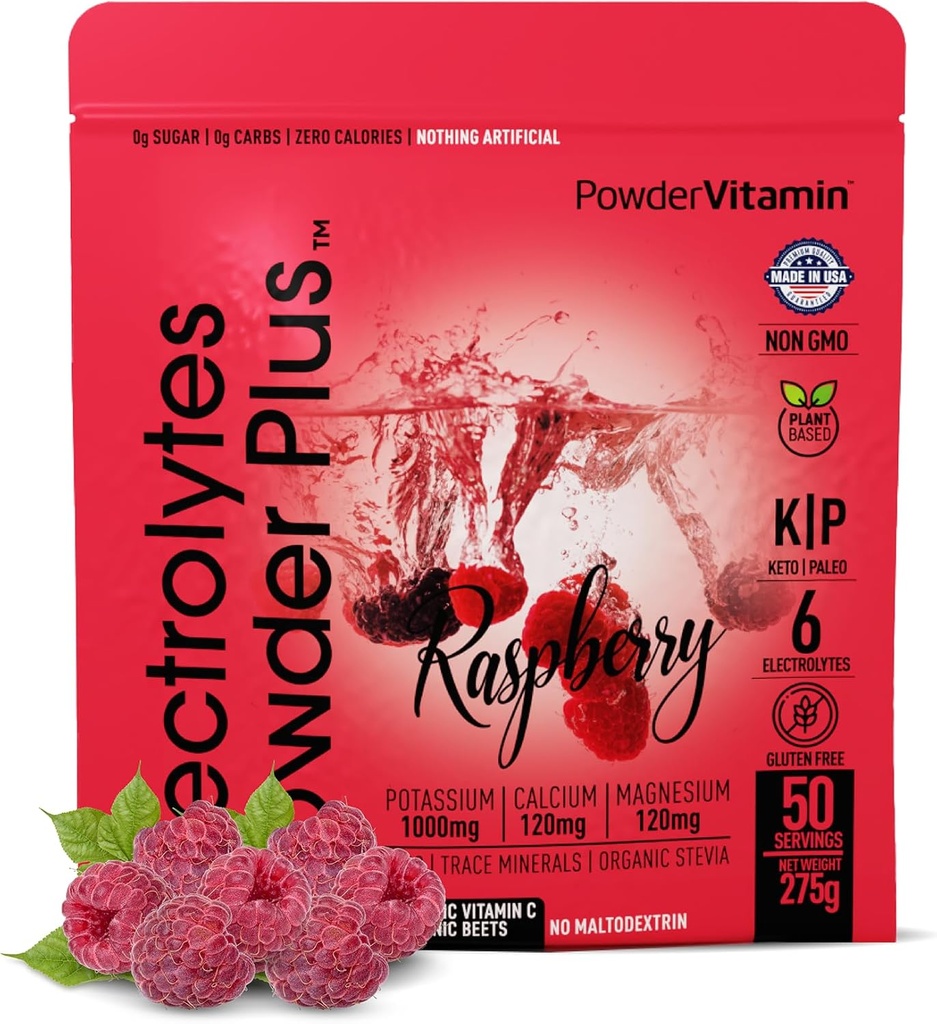 PulverisVitamīnu Elektrolītu Pulveris Plus (50 Servē) Aveņu Elektrolītu Pulveris Zero Calorie Keto, 0 Cukurs, Nē Maltodekstrīns, 1000mg Kālija,120mg Kalcijs,120mg Magnijs, hidrācija Pulveris