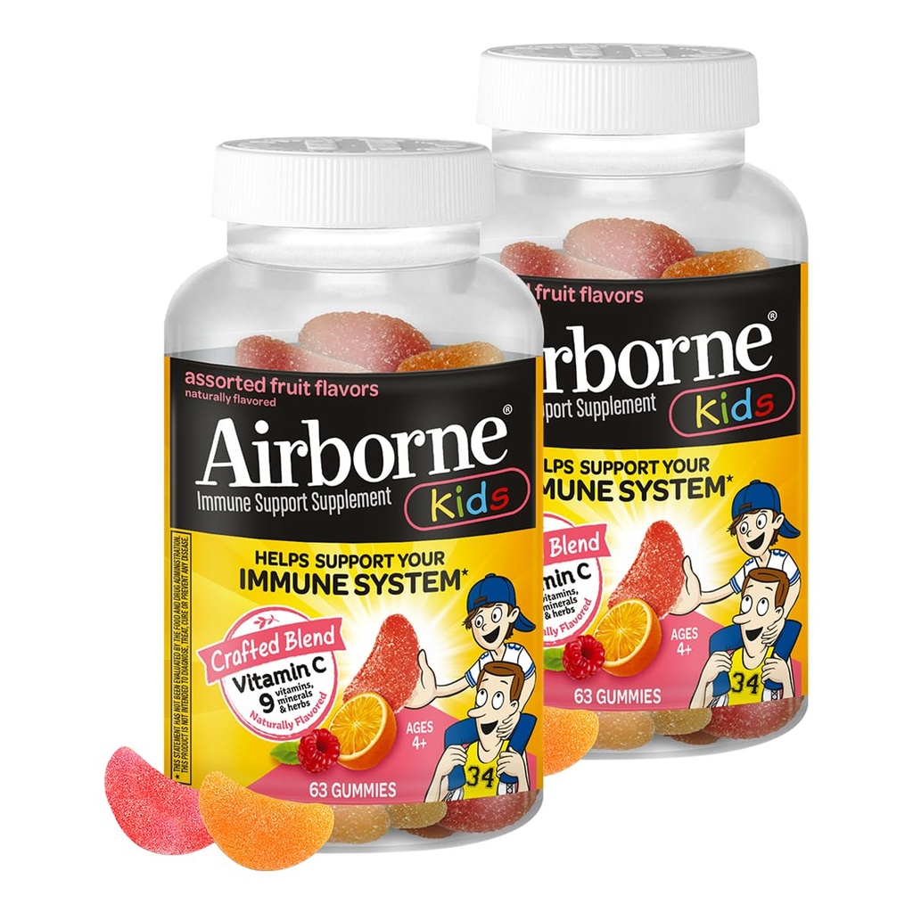 Airborne Kids 500mg Vitamīna C Gumijas, Kids Imūnsupport Cinka Gumijas ar spēcīgiem antioksidanti VIT C & E - 63 Gumijas, Assorted Fruit Flavor (iepakojums no 2)