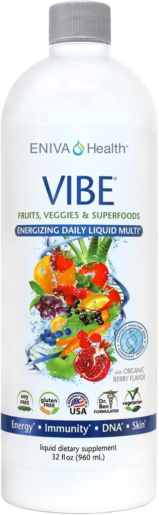 Eniva Veselība Vibe Šķidrie Multivitamīni Minerālu Papildinājumi ar vitamīniem A, B12, C, D, E & Aminoskābes - , Augļi un Veggies Dienas Papildinājums sievietēm un vīriešiem  , Doctor Formulated - , ASV Made 32 oz