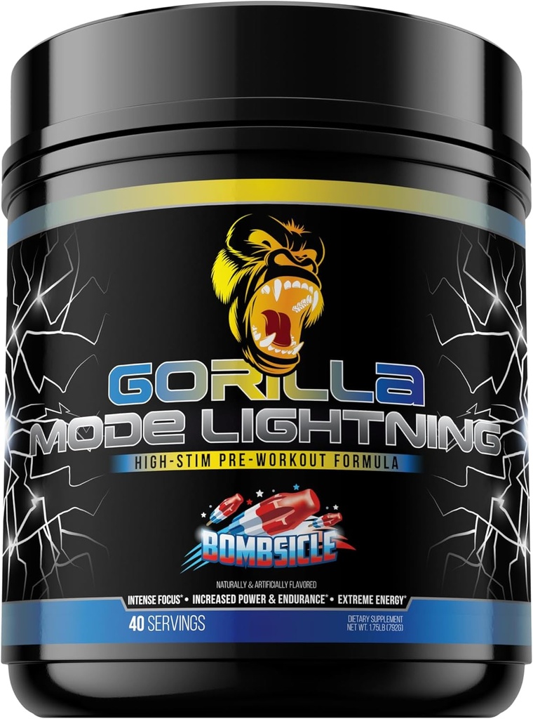 Gorilla režīms Zibens pirmsdarbs - Extreme Energy · Laser Focus · Jaudīgi sūkņi · Maksimālā jauda - 550mg Kofeīns, 13500mg L-tirozīns, Alpha-GPC-792g (Bombsicle)