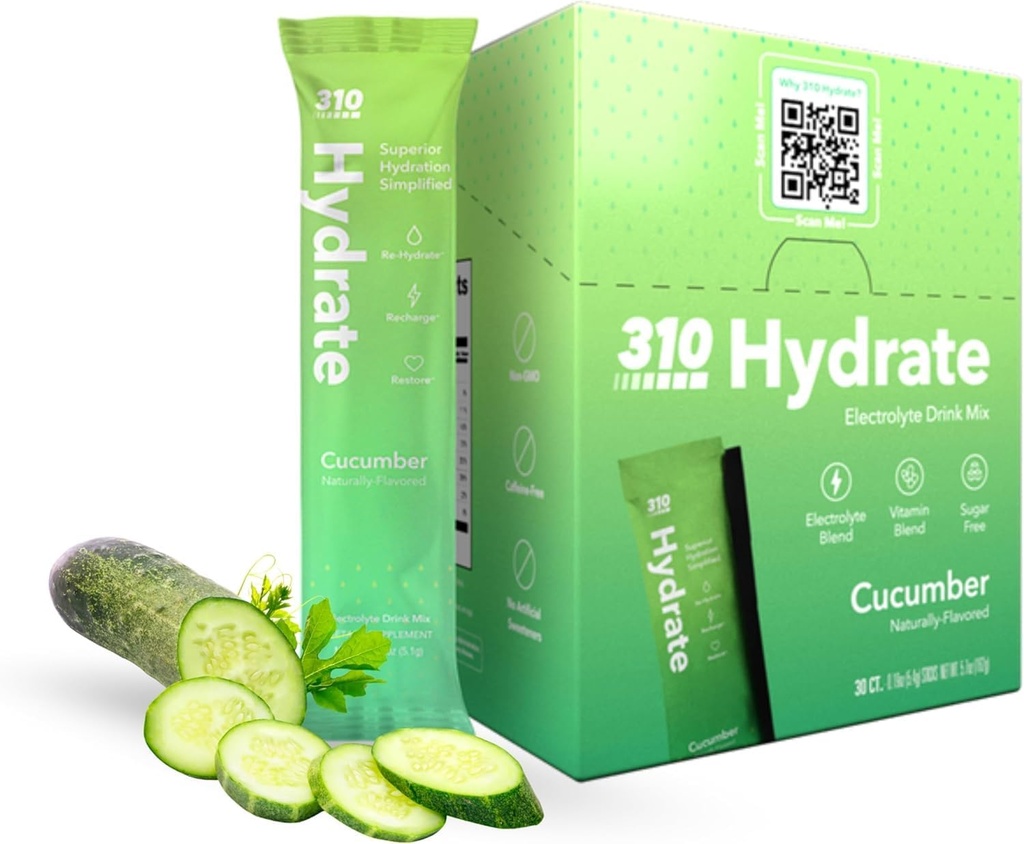 310 Uzturs Bezcukura Elektrolītu Pulveris - Instant Hidratācijas Paketes ikdienas šķidruma līdzsvaram - bez kofeīna Rehidratācija Dzēriens Mix w/ Vitamīni, Zema Calorie & Keto Friendly - Cucumber 30 Singles