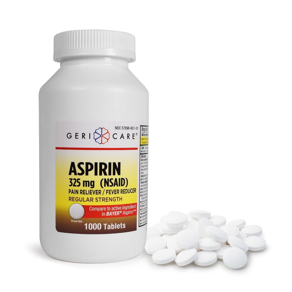 GeriCare Aspirin tabletes 325 mg - Pain Reliver un Drudzis Reduktors Neapvalkoti Aspirīni pieaugušajiem un bērniem 12+ (NPL) Lielisks galvassāpes, zobu sāpes, artrīts, menstruālās un muskuļu sāpes (zobaini 1000)