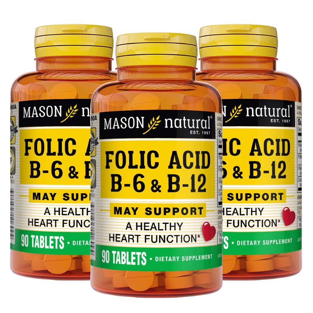 MASON NATURAL Heart Formula B6/B12/Folic acid tabletes, uztura bagātinātāji atbalsta sirds un asinsvadu veselību, sarkano asins šūnu veidošanās, vielmaiņas funkcija, 90 Skaits (paka no 3)
