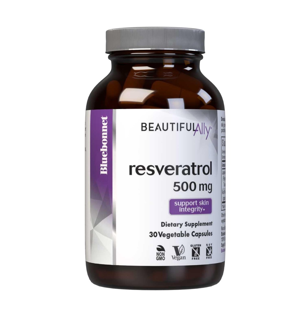Bluebonnet Uzturs Skaists Ally Resveratrol 500mg, Aizsargāt ādas integritāti*, ne-GMO, Vegan, bez lipekļa, bez sojas, bez piena, 30 Dārzeņu kapsulas, 30 Pasniedz