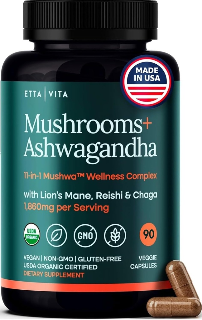 USDA Organic Lions Mane Papildkapsulas ar Ashwagandha, Chaga, Reishi, Cordyceps, Turcija Aste (18,600mg/serv) 10x adaptogēna sēņu komplekss kā Focus pielikums - Enerģija, immunitāte un Nootropic