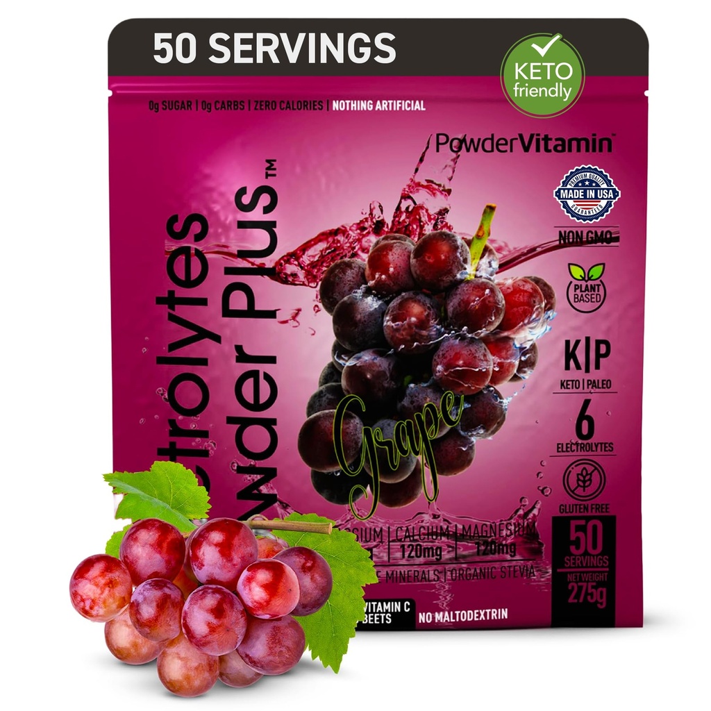 Pulveris Vitamīna elektrolītu pulveris Plus (50 Servē) Vīnogu elektrolītu pulveris Zero Calorie Keto, 0 Cukurs, Nē Maltodekstrīns, 1000mg Kālija,120mg Kalcijs,120mg Magnijs, hidrācija Pulveris