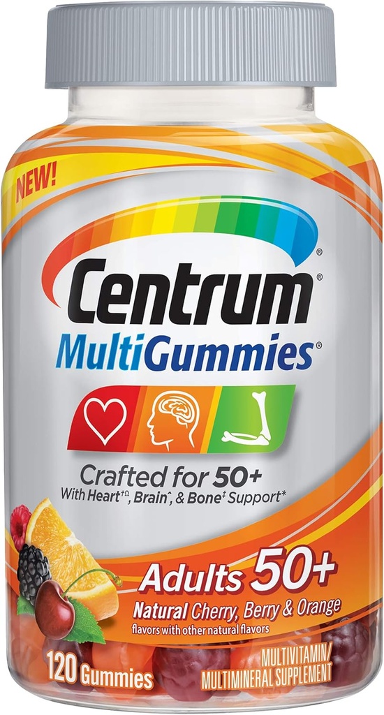 Multigumi Pieaugušajiem (120 grāfi, dabiski ķirši, ogulāji, apelsīnu flavori) Multivitamīni/Multiminerālie papildgumi, vitamīni B12, D, E, vecums 50+