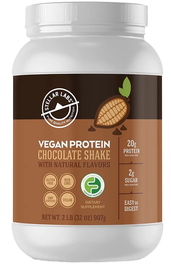 Stellar Labs Vegan Protein Pulveris ar BCAA's & Antioksidanti --- Certified Low FODMAP, Non GMO, Nav lipekļa, Bez sojas, Zems Karb, ar Stevia --- Lean augu bāzes proteīna pulveris Shakes