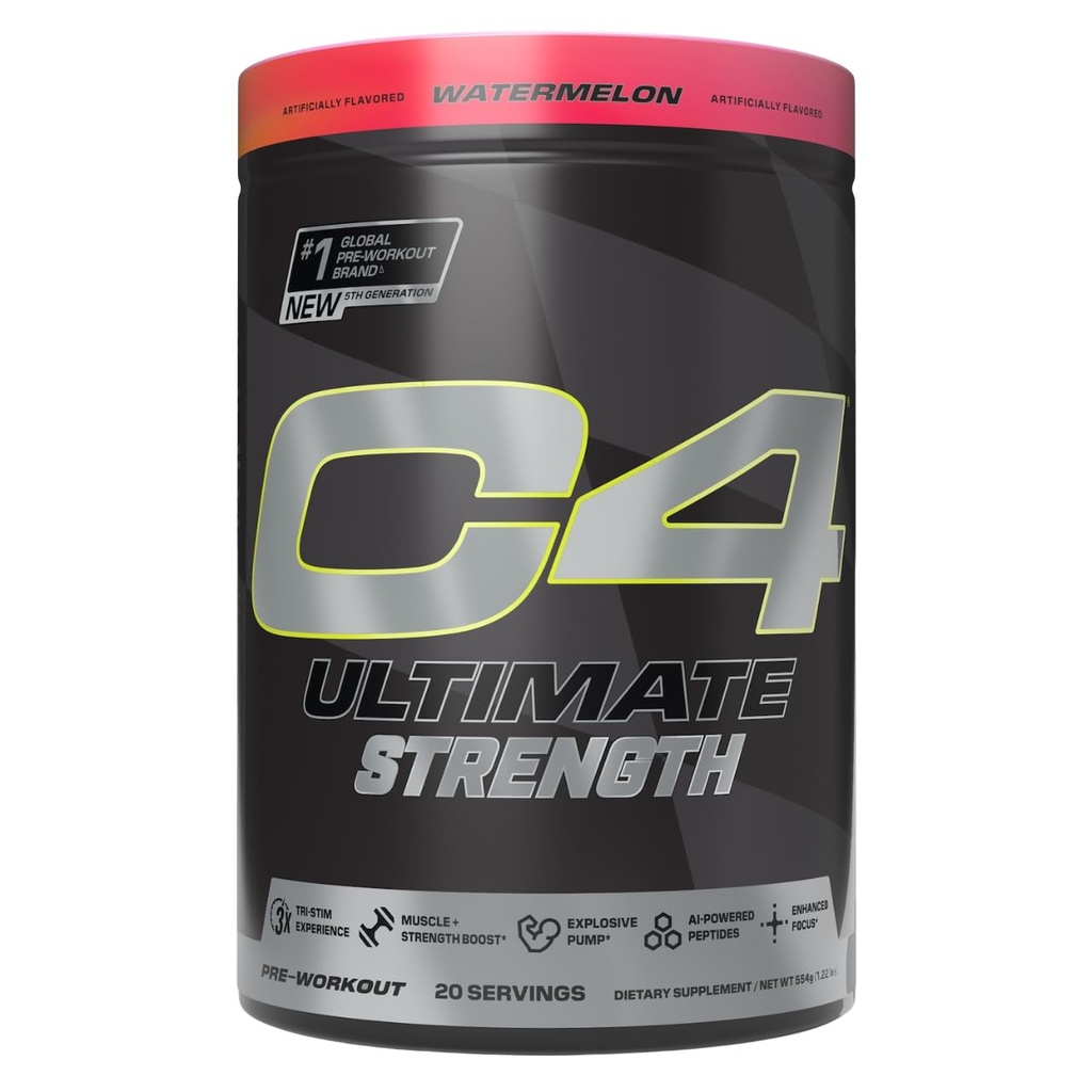 Cellucor C4 Ultimate Strength Pirms Workout Pulveris - Tri-Stim pieredze 300mg kofeīns+TeaCrin+Dynamine - kreatīns & Beta-Alanīns - Enerģijas papildinājums vīriešiem un sievietēm - Arbūzs, 20 Kalpo