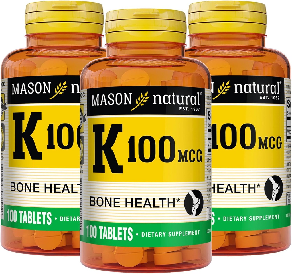 K vitamīns 100 μg, atbalsta kaulu un locītavu veselību, palīdz kalcija absorbcija, 100 tabletes, iepakojums pa 3