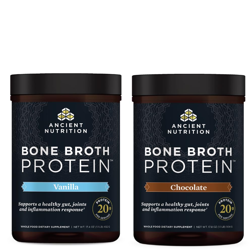 Ancient Nutrition Kaulu Broth Protein Pulveris, Vanilla, 20 Kalpojumi + Kaulu Broth Protein Pulveris, Šokolāde, 20 Kalpojumi