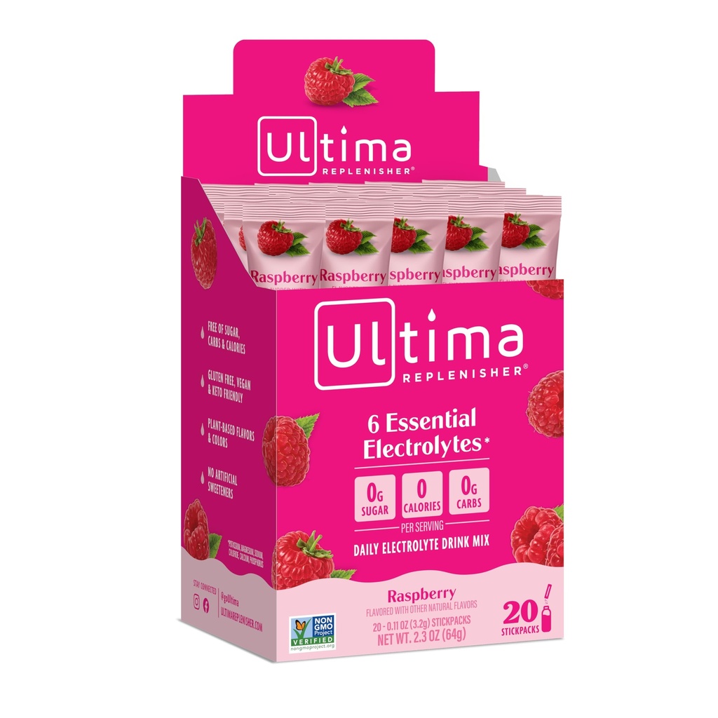 Ultima Paplašinātājs, Elektrolītu hidrācijas Dzēriens Mix, Aveņu, 20 Count Stickpacks Box - bez cukura, 0 Calories, 0 Carbs - bez lipekļa, Keto, ne-GMO, Vegan