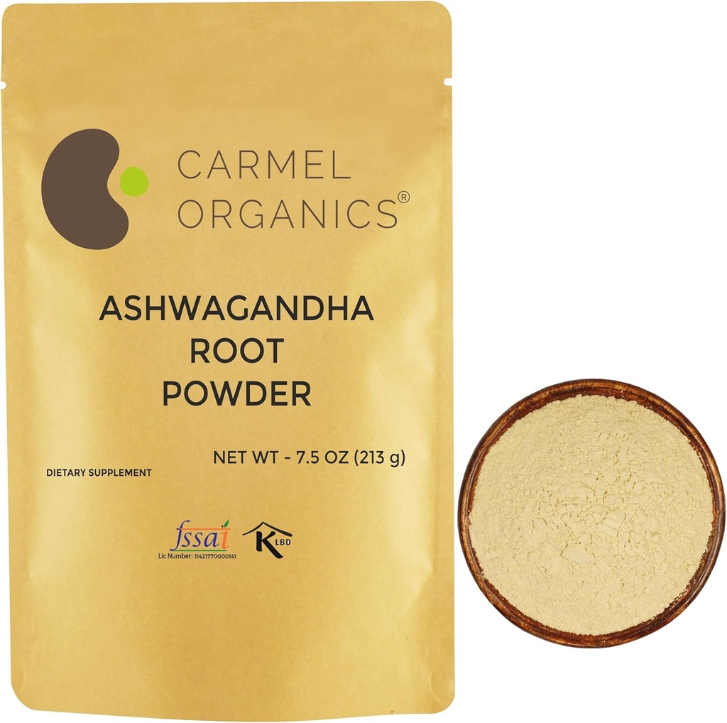 CARMEL ORGANICS Ashwagandha Root Powder 7.5 Ounce, no neĢMO & lipekļa brīva, dabīga, Witania Somnifera, bez pievienotiem konservantiem, tieši no Indijas lauksaimniekiem