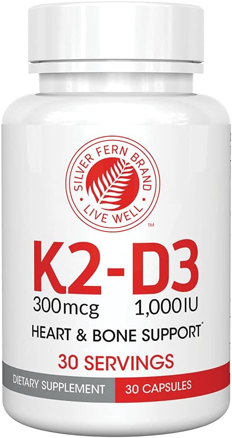 Silver Fern Vitamīns K2-D3 Papildinājums Zīmols - Dabīgs, nesintētiski - K2-7 kā Menahinons-7 (MK-7) - D3 kā holekalciferols - Kaulu, sirds un enerģijas atbalsts (2 pudeles - 60 kapsulas - 60 Kalpojumi)