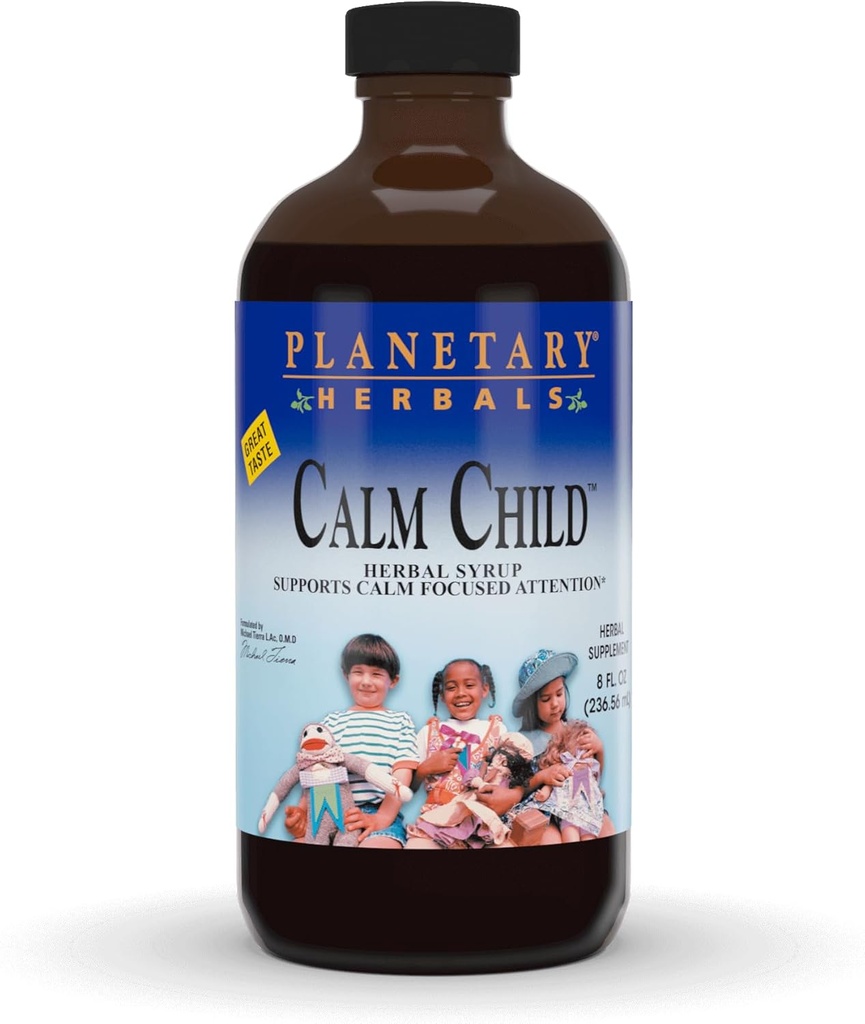 Planetary Herbals Calm Child Herbal Syrup - Ietver nomierinošas botānikas kumelītes, citrona balzamu, catnip & More - 8oz