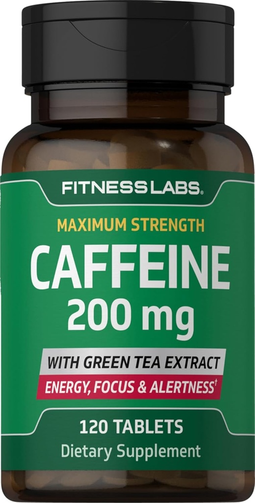 Fitness Laboratorijas Kofeīna tabletes - 200mg - 120 Tabletes - ar zaļās tējas ekstraktu -- Maksimālais stipruma papildinājums - Veģetārietis, nav GMO, bez lipekļa