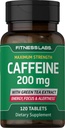 Fitness Laboratorijas Kofeīna tabletes - 200mg - 120 Tabletes - ar zaļās tējas ekstraktu -- Maksimālais stipruma papildinājums - Veģetārietis, nav GMO, bez lipekļa