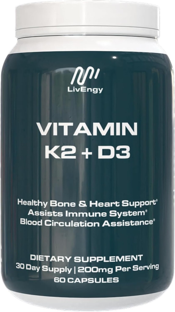 Vitamīns K2 D3 Papildinājums - Augstas devas - Atbalsta Kauls, Sirds, Imūnā veselība - Ne-GMO, Bez lipekļa, Veģetārs - 60 Kapsulas (60 Servē) - Premium Quality K2+D3 Formula
