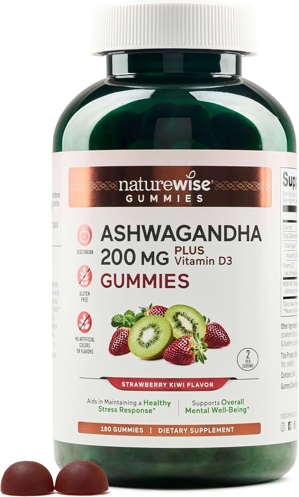 NatureWise Ashwagandha Gummies - Strawberry Kiwi - KSM-66 ar vitamīnu D3 - Kalmējot Mood Support - Veģetārs - ne-GMO, Želatīns un lipeklis bez - 180 grāvis[3 mēnešu piegādes]
