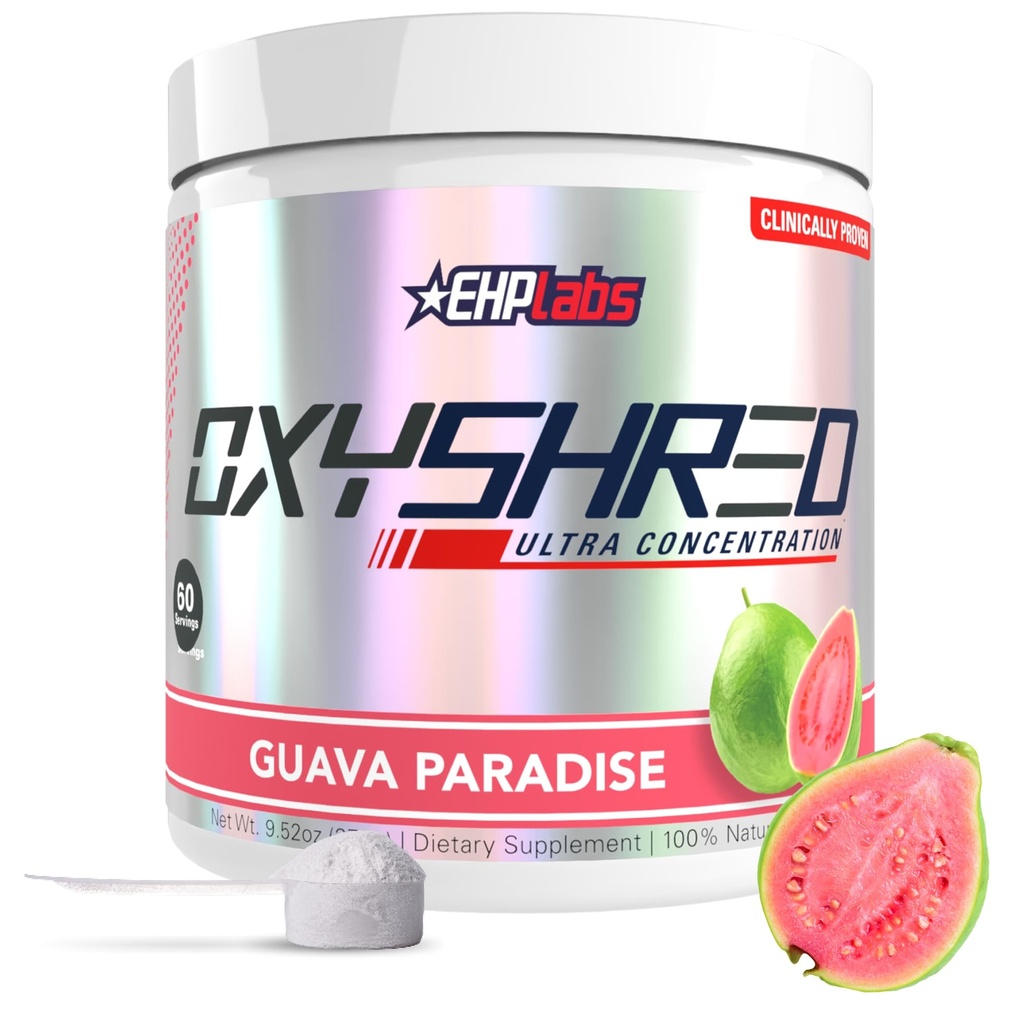 EHP Labs OxyShred pirms treniņa Pulveris un sasmalcināšanas Papildinājums - Pirms treniņa Pulveris ar L Glutamine & Acetyl L karnitīns, Enerģijas Boost Dzēriens - Guava Paradise, 60 Kalpo