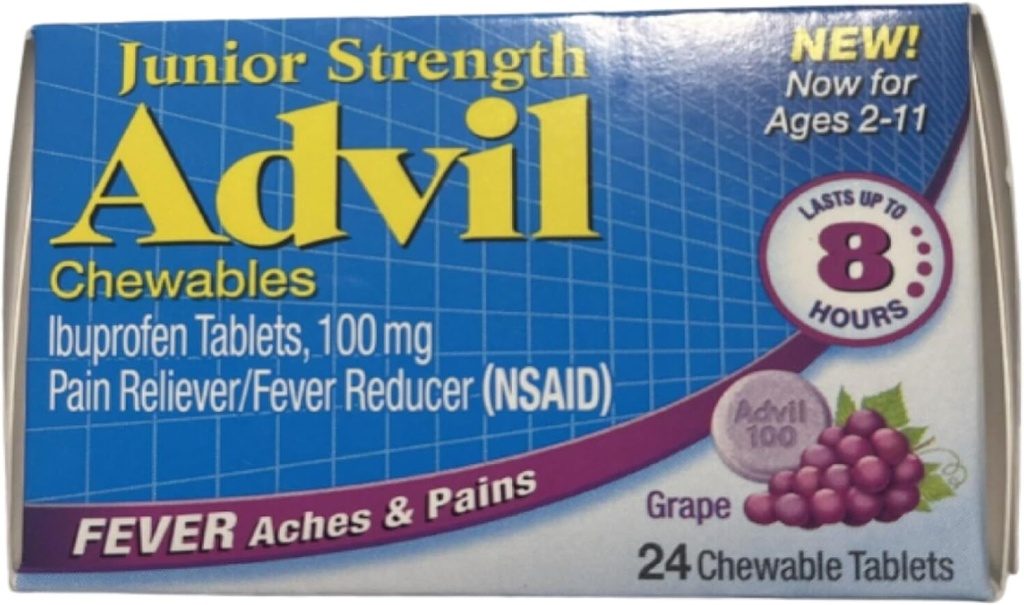 Advil Junior Košļājamās Ibuprofēns Tabletes, Vīnogu 100 mg, 24 tabletes Katra (iepakojums pa 4)