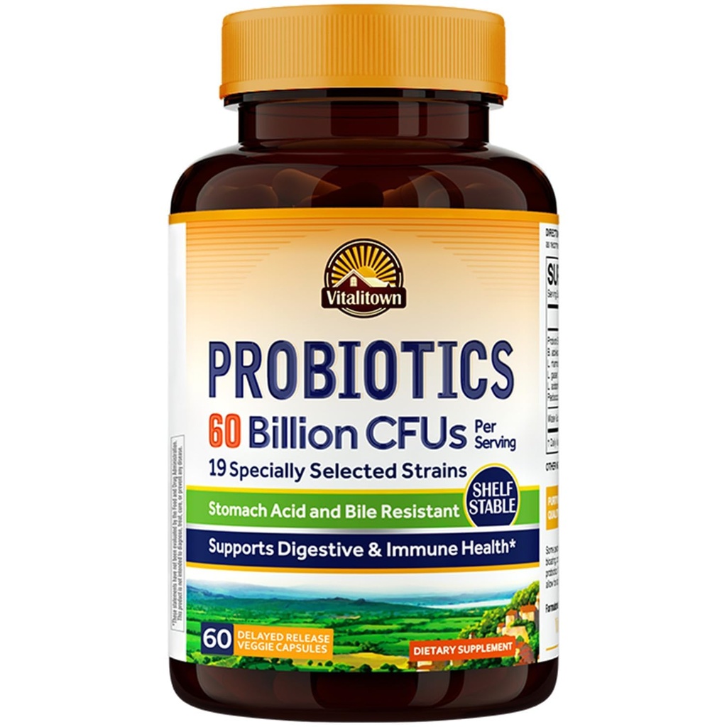 Vitalitown probiotikas + prebiotikas   - 60 miljardi KVV 19 celmi - 60 Kavēšanās Release Veg Caps -- Plaukts Stabils, Prebiotikas un probiotikas - Gremošanas veselība, Imūnā veselība - Vegāns, Ne-GMO, Nav piena