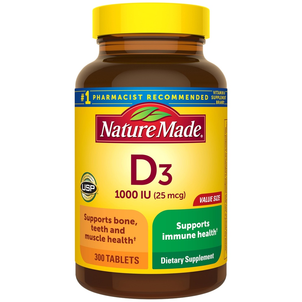 Dabā ražots D3 vitamīns 1000 SV (25 μg), D vitamīna papildinājums kauliem, zobiem, muskuļiem un imūnās veselības atbalstam, 300 tabletes, 300 dienu iepakojums