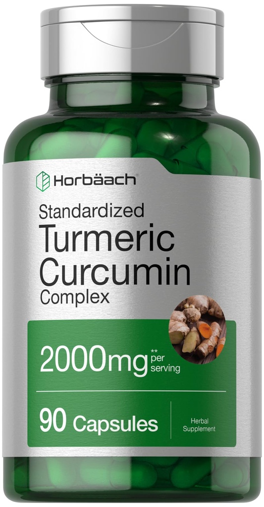 Horbäach Turmeric Kurkumīna papildinājums 2000mg - 90 Kapsulas - komplekss ar melnajiem pipariem --- Non-GMO, bez lipekļa