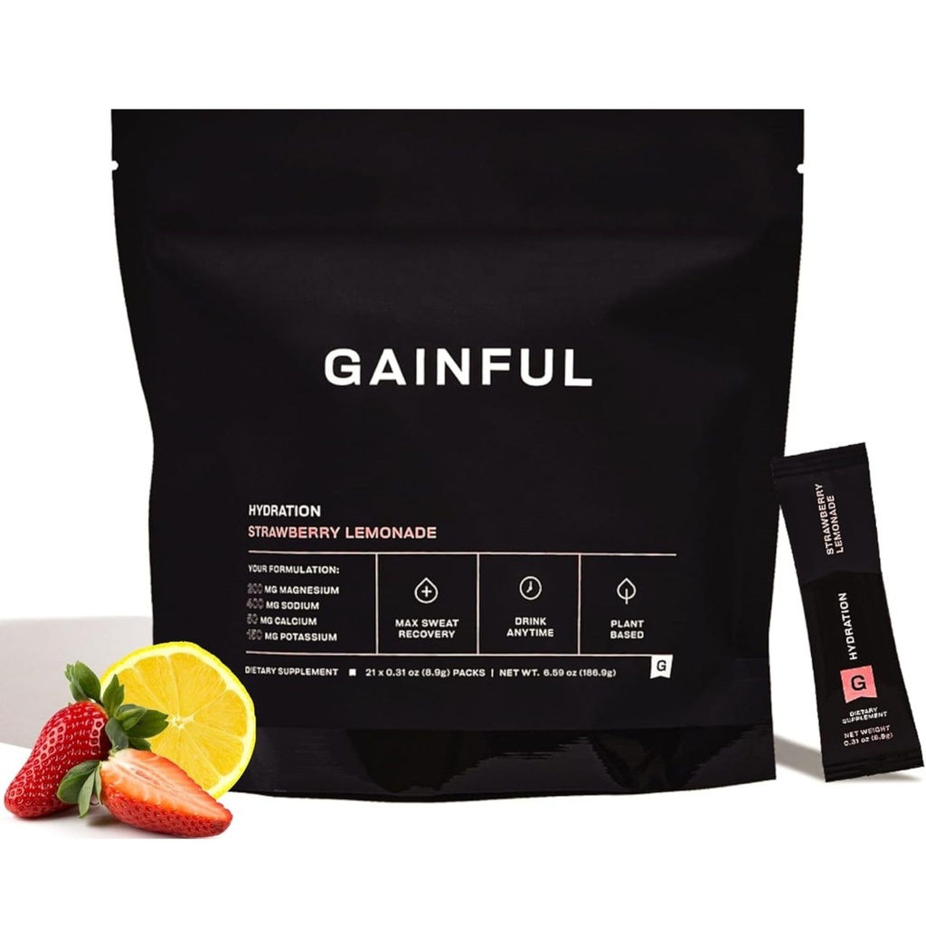 Gainful Hydration pulvera paketes, bez kofeīna ar galvenajiem elektrolītiem magnija un nātrija, enerģijas atbalsts, zems cukura, zemeņu citronāde, 21 Sticks