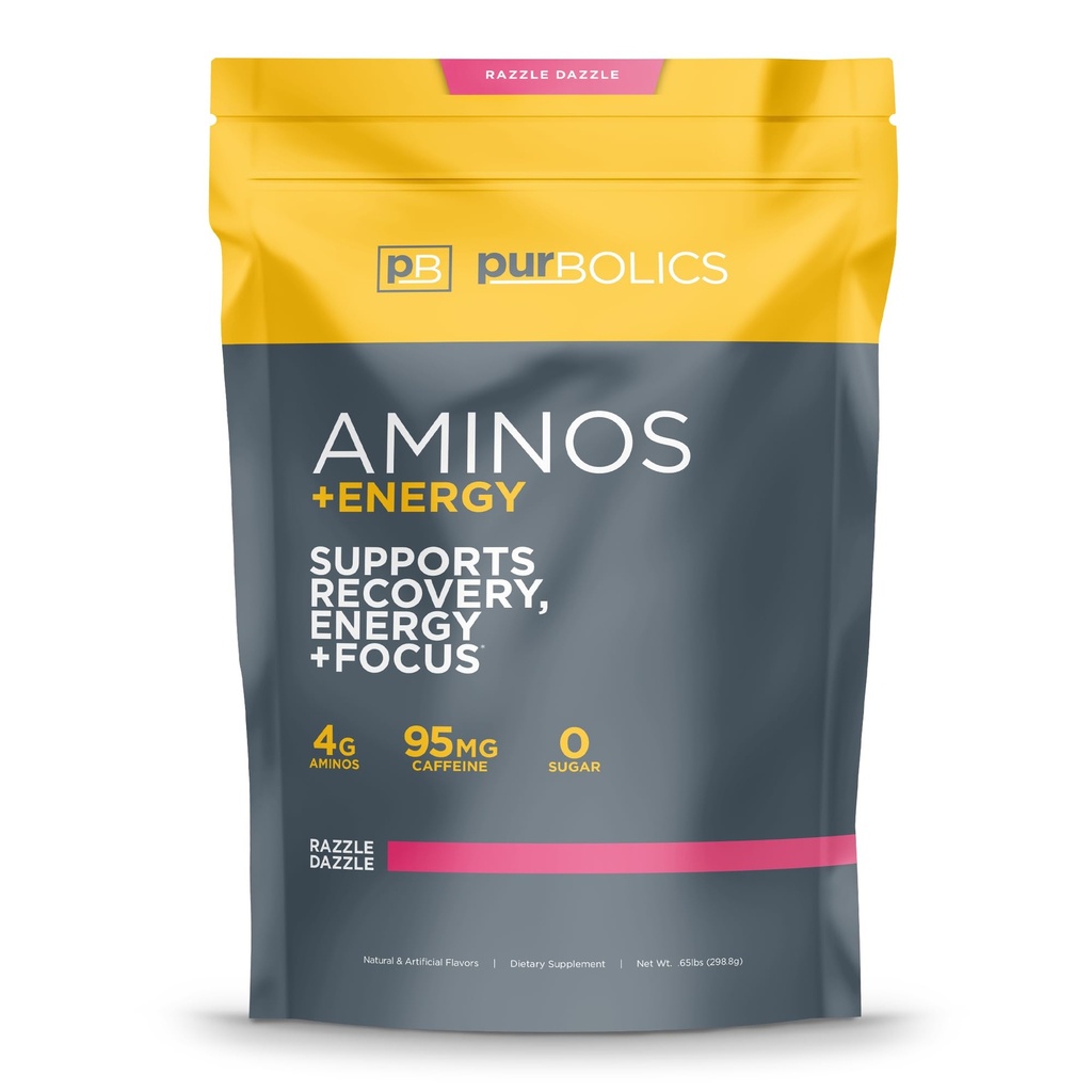 Purbolics Aminos + Enerģija ” Atbalsta Atveseļošanās, Enerģija & Fokuss ” 95mg kofeīna, 0 Cukura un 60 Kalpošanas (Razzle Dazzle)