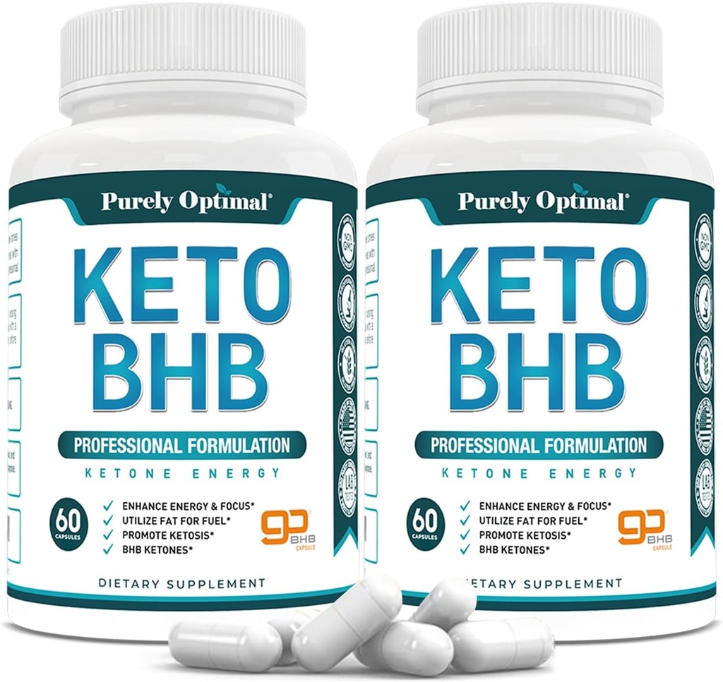 Tīri optimālas Keto BHB kapsulas – eksogēnas ketonu tabletes ketozes atbalstam, ilgstošai enerģijai, fokusam un metabolismam – sievietēm un vīriešiem, 120 kapsulas