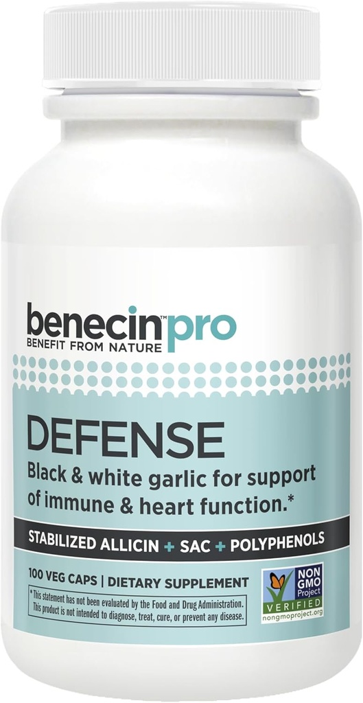 Benecin Defense PRO 3000 mcg Stabilizēts Allicin katrā kapsulā; plus liels daudzums SAC un polifenolu no melnās ķiploka;