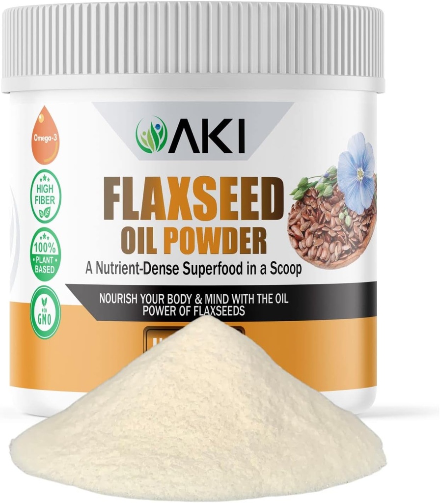 AKI Linsēklu eļļas pulveris - iepakots ar esenciāliem uzturvielām, piemēram, omega 3 taukskābēm, fiberiem un lignāniem - nesatur mākslīgas piedevas, kas izgatavotas no ideāliem kvalitātes komponentiem (5,30oz/150g)
